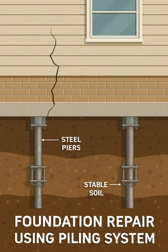 FOUNDATION REPAIR USING PILING SYSTEM FOUNDATION REPAIR USING PILING SYSTEM